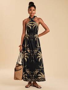 Travachic Robe d'été à la mode pour femmes avec imprimé palmier, style dos nu et col ras-du-cou - Multicolore - Voir 4