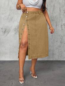 Slaydiva Bộ trang phục cao bồi cho nữ cỡ lớn, váy denim xanh xẻ cao gợi cảm, trang phục mùa thu cho nữ. - Màu Khaki - Xem 4