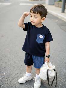 SHEIN 2pcs/Set Toddler Boys' Casual Fashion Denim Patchwork Pocket Short Sleeve Round Neck T-Shirt And Shorts Set, Suitable For Spring/Summer Casual, Outdoor, Daily Wear - Navy Blue - View 9