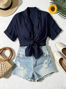 SHEIN Swim 女士简约纯色短袖和服罩衫，夏季海滩装扮，女士沙滩罩衫，长款衬衫，沙滩衬衫 - 藏蓝色 - 查看 7