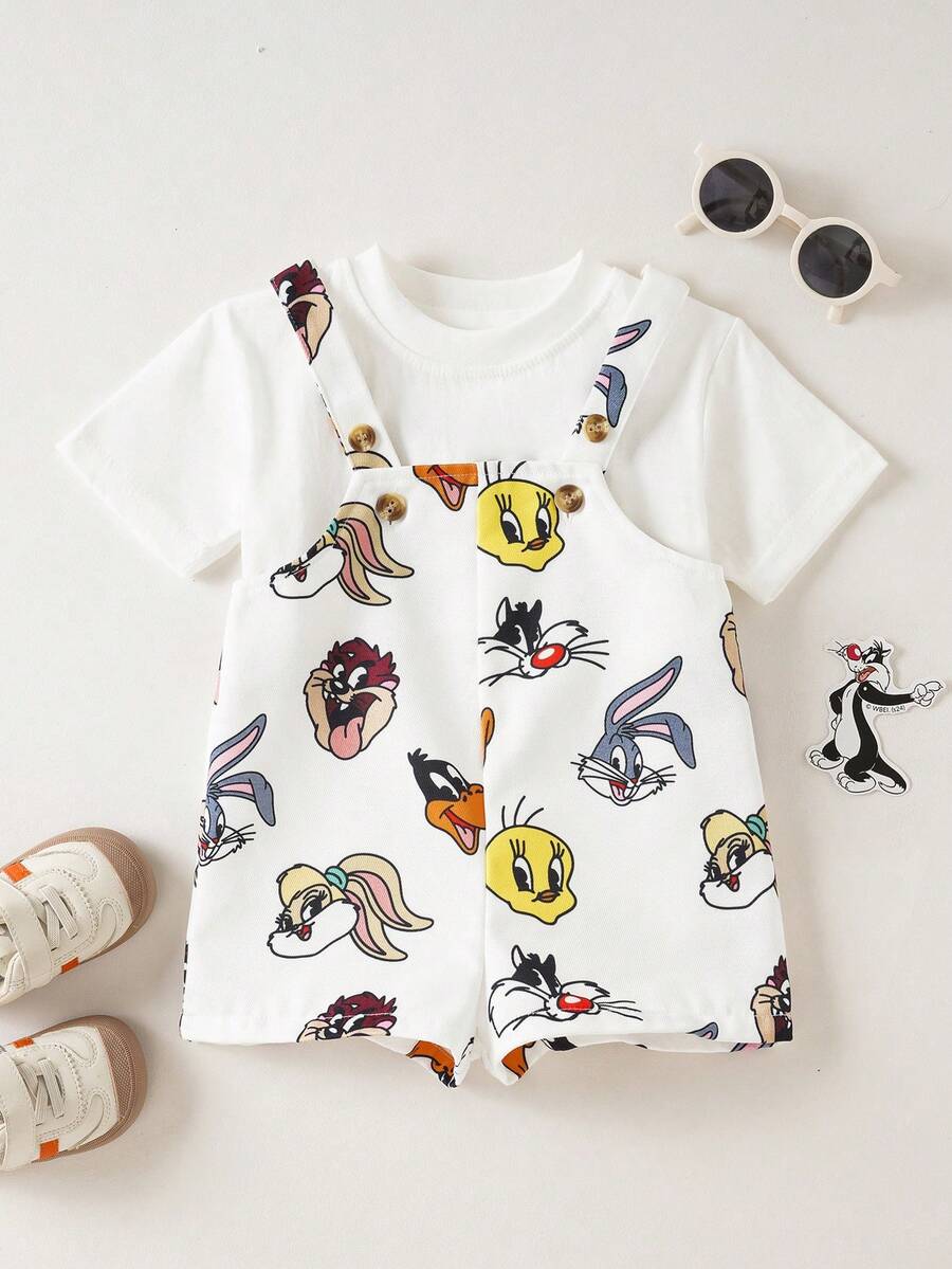 LOONEY TUNES X SHEIN Bộ áo liền quần không tay in hình hoạt hình cho bé trai, thích hợp mặc mùa hè. - trắng - Xem 1