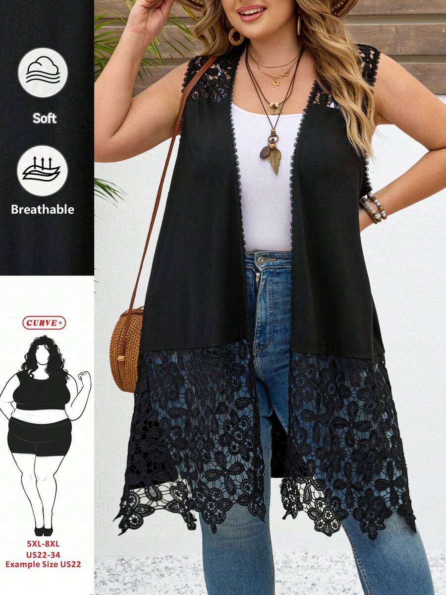 SHEIN CURVE+ Plus Size Women Black Hollow Out Sleeveless Long Cardigan Summer Beach Vacation