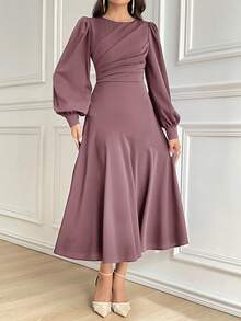 Modelyn Women's Solid Color Round Neck Lantern Sleeve Pleated Elegant Mid-Length Dress Long Evening Dresses - Dusty Pink - View 8