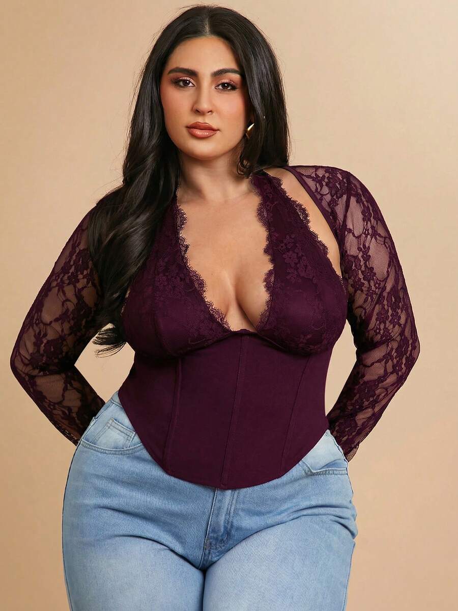 SHEIN BAE 大码女式蕾丝拼接性感百搭约会之夜吊带上衣 - 酒紅色 - 查看 1