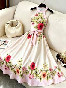 SHEIN Clasi Women's Floral Print Halter Neck Dress, Elegant Sexy Holiday Wear For Spring/Summer Golf White - Apricot - View 3