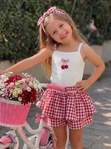 Emery Rose Kids Emery Rose Kids 女童夏季休闲樱桃印花吊带背心和格子短裤套装 - 紅白色 - 查看 5