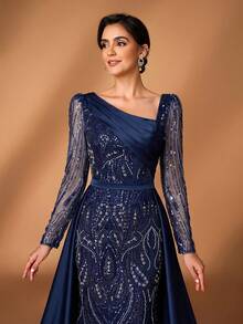 Serin Elegant Navy Blue Winter Formal Evening Wedding Dress,Luxurious Middle Eastern Sequin Mermaid Hem Gown,High-End Satin Sleeve Mother Of The Bride Dress - Navy Blue - View 3