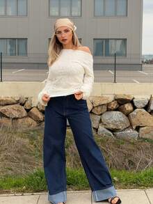 Jeta Ari 女士休闲新款时尚经典蓝色直筒牛仔裤，带口袋 - 寶藍色 - 查看 1