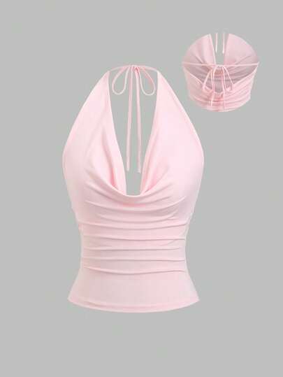 Sweetra Women's New Fashion Versatile Backless Halter Neck Knit Sweater, Waist Fitted Top