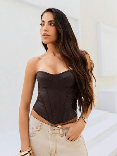 Maju Mazalli Women's Brown Fashion Sexy Party PU Bandeau Crop Top, Leather Corset, Brown Top, Night Out Top, Club Top, Brown Corset, Party Top, Leather Top, Winter Top, Bandeau Corset