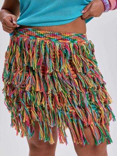 MUSERA Minifalda de punto con volantes y flecos talla grande para primavera y verano, ideal para festivales, vacaciones, fiestas, bodas y eventos con estilo Y2K y Euphoria