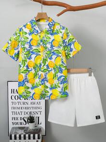 2件套男童夏季休闲沙滩度假可爱柠檬印花短袖衬衫和松紧腰短裤套装，夏季度假衬衫和短裤 - 白色 - 查看 3