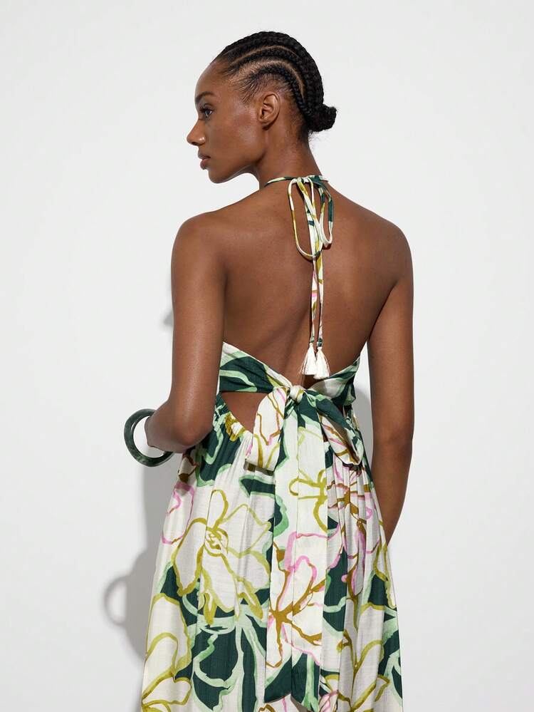 SHEIN Maija Women's Vacation Casual Floral Print High Slit Backless Halter Dress,Summer Dresses For Women