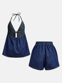 Maija 女士纯色露背吊带上衣和牛仔短裤休闲套装 - 深色水洗藍 - 查看 3