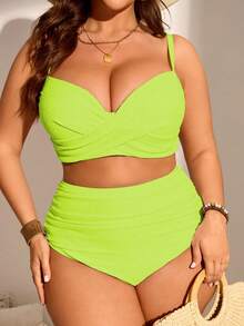 SHEIN Swim Curve 大码女式两件套纯色褶皱细肩带比基尼泳衣套装，度假装 - 薄荷綠 - 查看 1