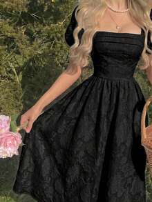 Skyraze Apricot Cutout Textured Petal Sleeve Square Neck Mid-Length Dress,Dresses For Women Summer - Black - View 7