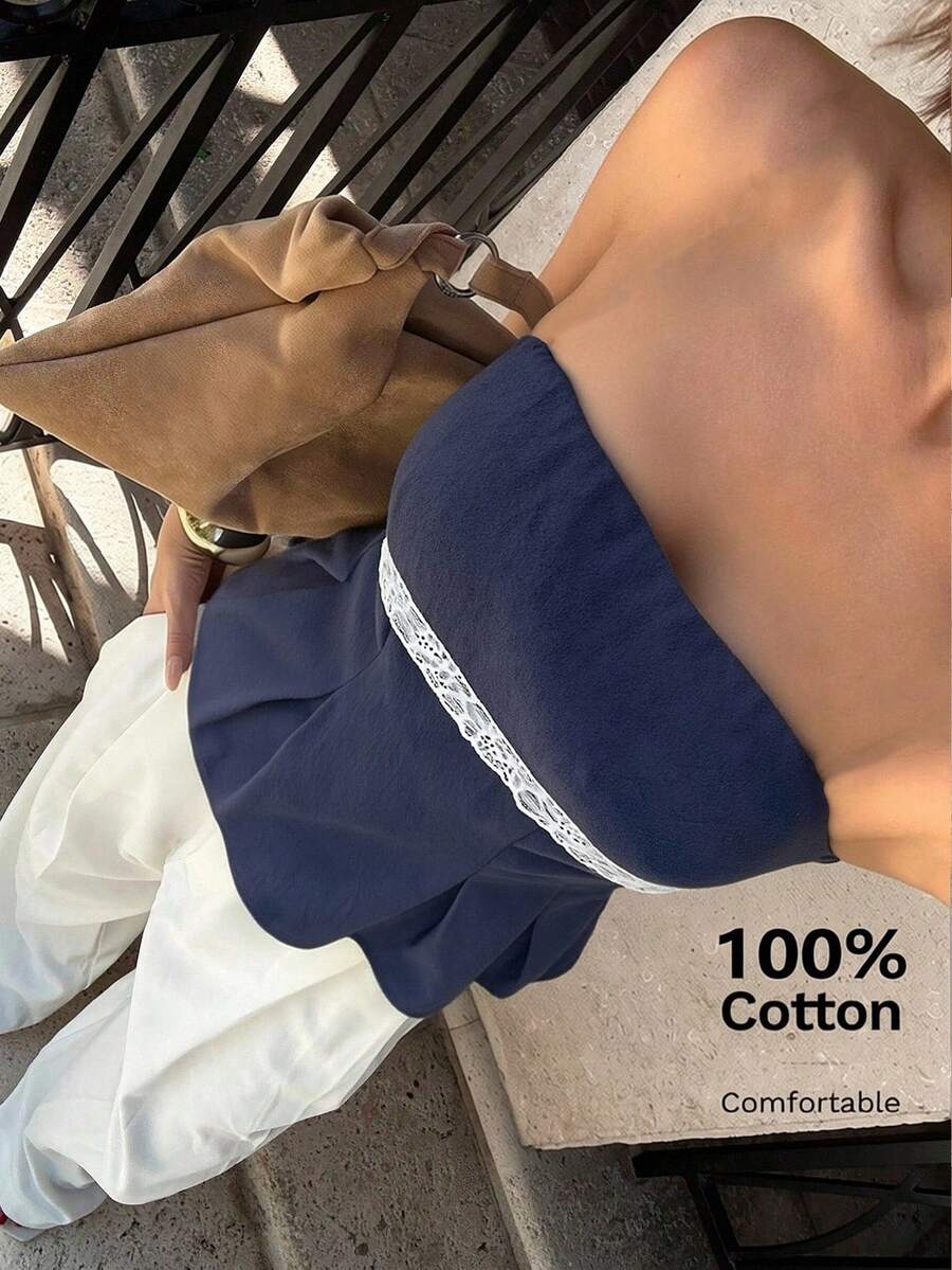 Siren Gaze 女士新款春夏纯棉撞色蕾丝拼接衬衫 - 藏蓝色 - 查看 1