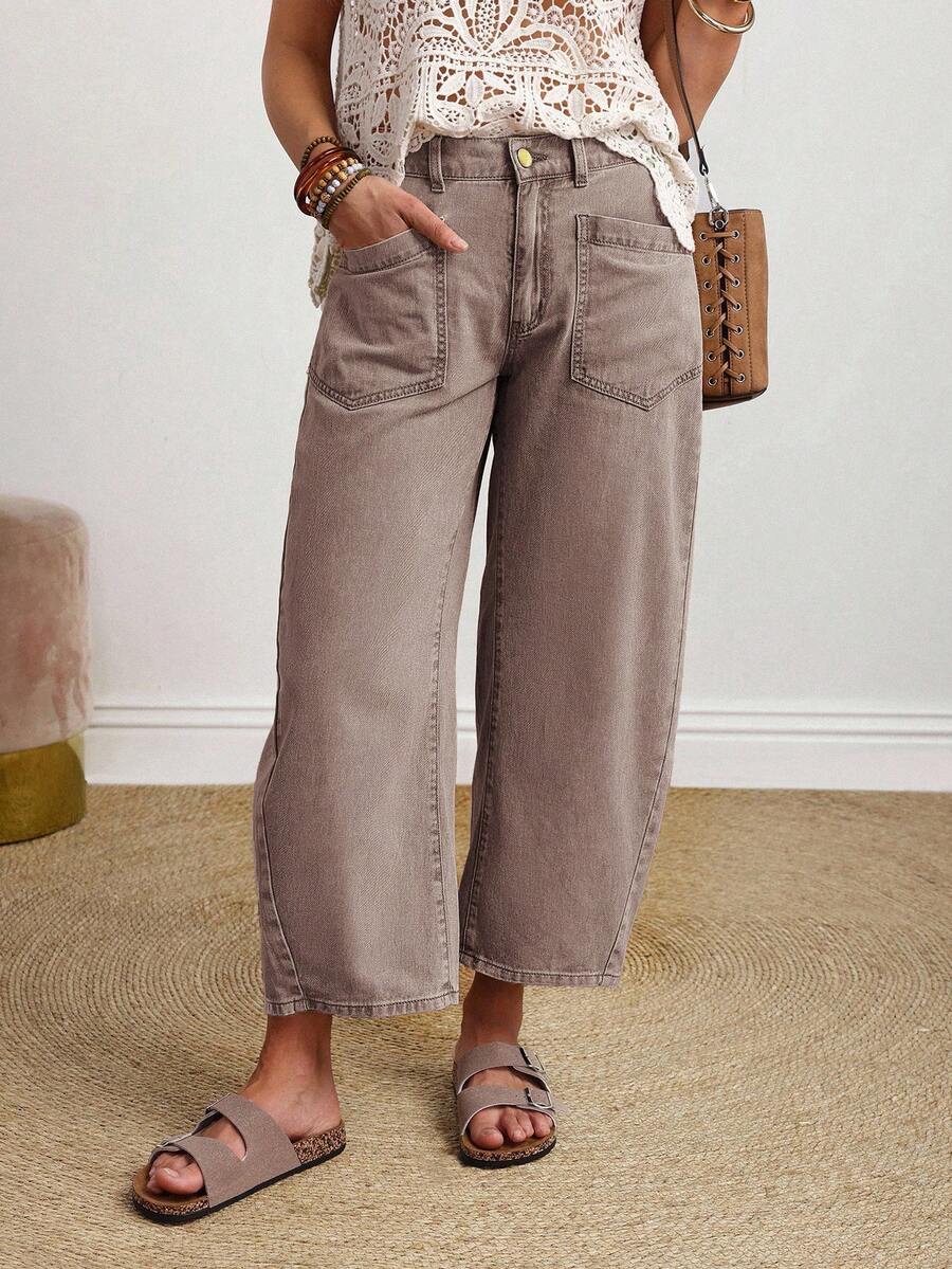 EMERY ROSE Quần jeans cỡ lớn, màu trơn, phong cách retro, thường ngày, đa năng, có túi. - Cà phê nâu - Xem 1