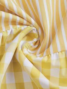 SHEIN LUNE Plus Size Summer Vacation Striped & Plaid Splice Notched Neck Dress Fall - Yellow - View 7