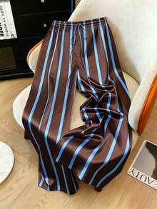 Franclia Pantalones rectos de pierna con cintura ajustable con cordón y estampado de rayas, talla grande - Café integral - Ver 1
