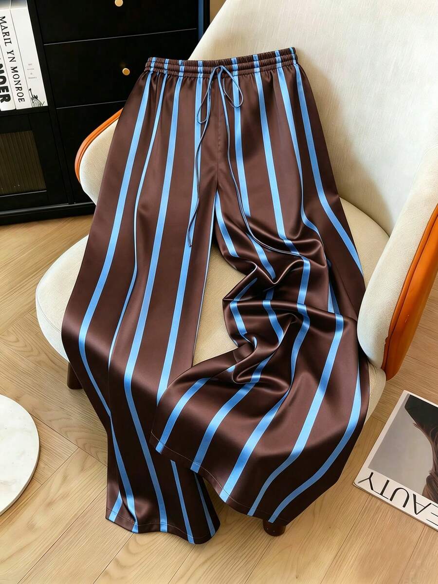Franclia Pantalones rectos de pierna con cintura ajustable con cordón y estampado de rayas, talla grande - Café integral - Ver 1