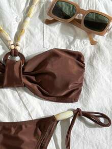 Swim Chiccia Women's Solid Color Bikini Set, Bohemian Beaded Halter Design, Waist Tie, Suitable For Beach Vacation - Brown - View 5