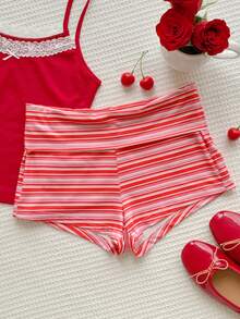 Comfortcana Quần short nữ dáng casual kẻ sọc, cạp chun, thích hợp mặc mùa hè. - Đỏ - Xem 6