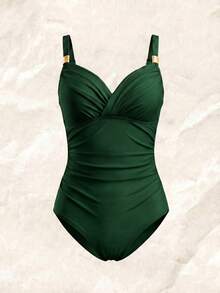 Swim Chiccia 纯色前交叉金属装饰腰部收紧优雅连体泳衣 - 綠色 - 查看 7