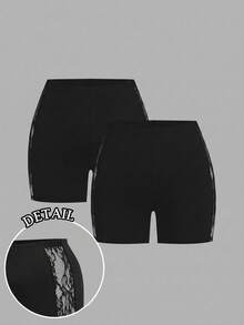 SHEIN EZwear 2pcs/Set Plus Size Solid Color Contrast Lace Leggings - Black - View 1