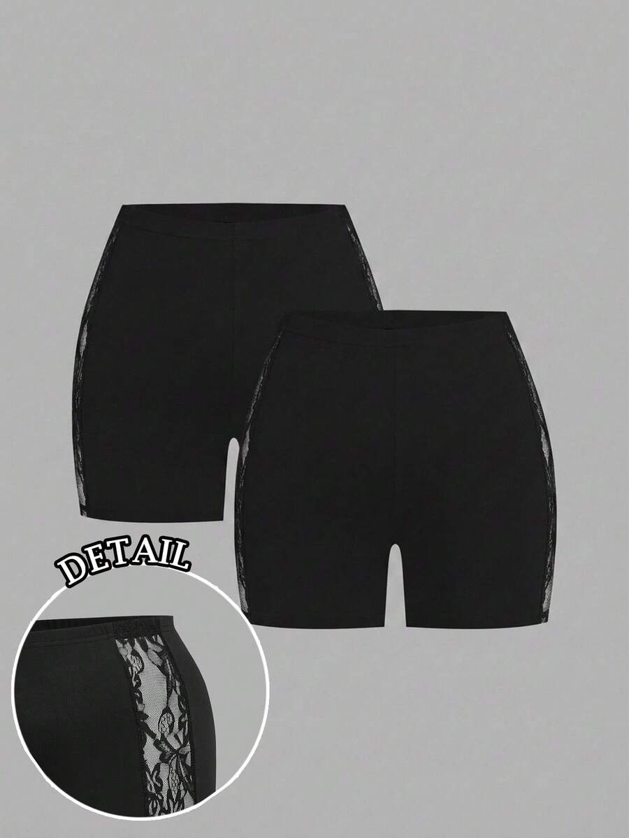 SHEIN EZwear 2pcs/Set Plus Size Solid Color Contrast Lace Leggings - Black - View 1