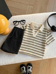 SHEIN 2件套男婴可爱休闲条纹polo衫和白色短裤套装，适合生日派对、晚宴、演出、婚礼、迎婴派对、一周岁生日庆祝活动。 - 彩色 - 查看 7