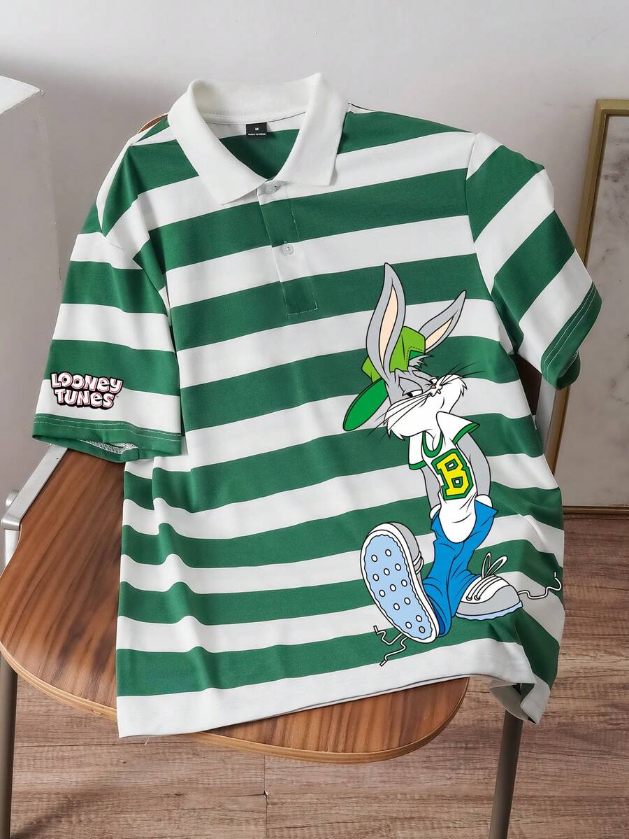 LOONEY TUNES X SHEIN Manfinity Joysei Men's Cartoon Print Green And White Striped Polo Shirt - Green - View 1