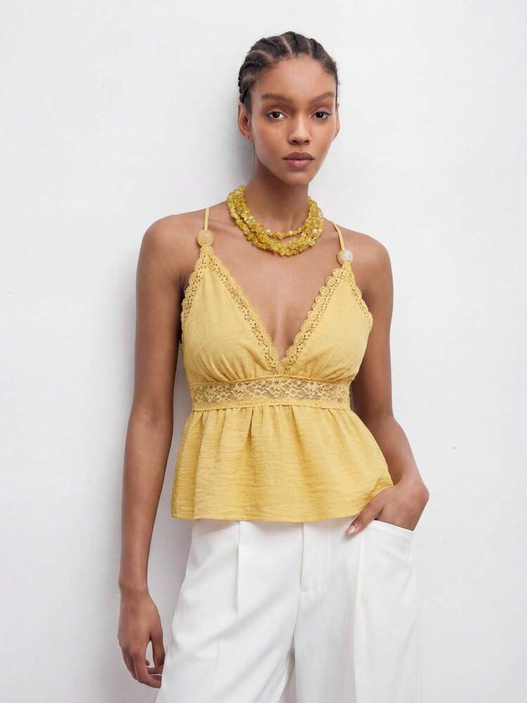 SHEIN Maija Top Casual de Verão Feminina em Cor Sólida com Recortes de Renda e Decote Halter Costas Abertas
