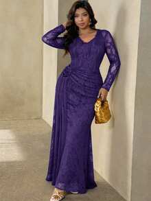 Modelyn Vestido de fiesta elegante con encaje, parches y volantes para mujer de talla grande - Morado - Ver 3