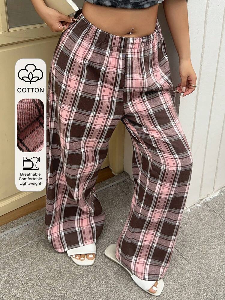 Dazy Plus Plaid Elastic Waist Casual Loose Plus Size Women Spring Summer Autumn Home Pants Pajamas Bottom