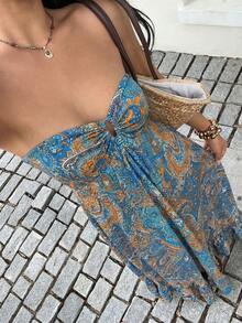 Sunnyshic Đầm nữ mùa hè đi biển in họa tiết Paisley, xếp ly, hở lưng, buộc dây. - Xanh đậm - Xem 1
