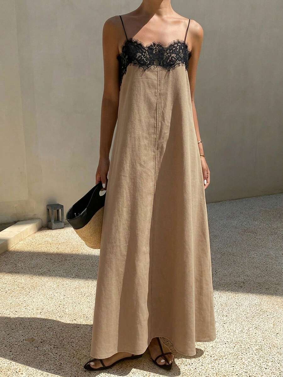 Livesso 女款夏季蕾絲拼接黑白對比寬鬆細肩帶中長洋裝,適合派對、海灘、度假太陽裙 - 卡其色 - 查看 1