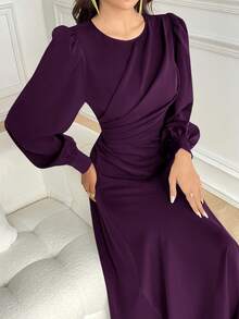 Modelyn Women's Solid Color Round Neck Lantern Sleeve Pleated Long Elegant Dress, Autumn Long Evening Dresses - Red Violet - View 8