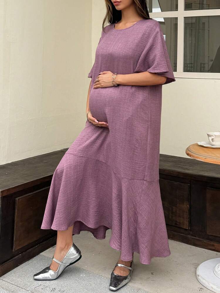Minimalist Solid Color Round Neck Loose Long Purple Maternity Dress