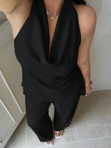 GalTyme Plus Size Women's Solid Color Minimalist Daily Wear Halter Top And Pants 2-Piece Set - Black - View 1