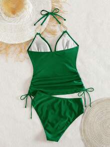 Swim Chiccia Tankini elegante y de moda para damas con cuello en V de metal negro, cordón arrugado, para la playa y festivales de música, primavera/verano - Verde - Ver 2