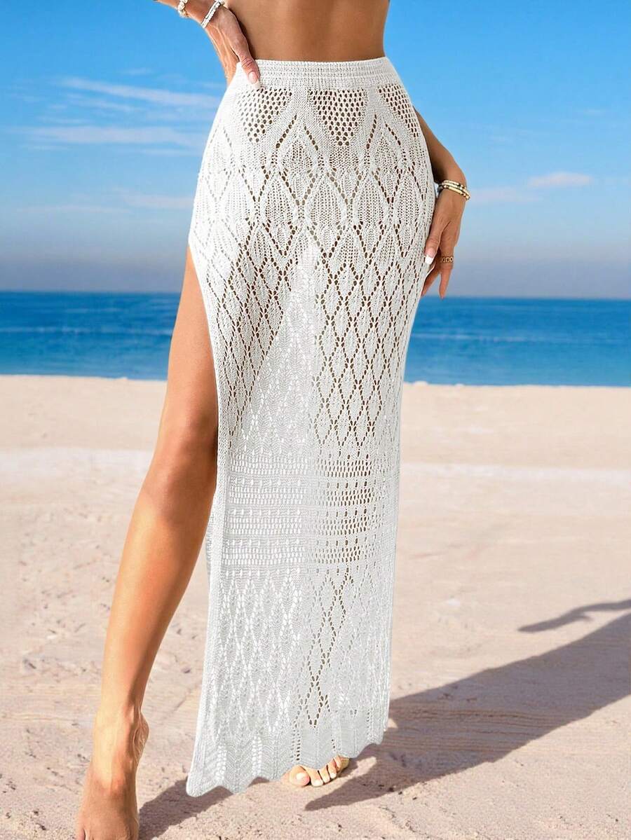 Swim Vcay Summer Beach Women's High Slit Hollow Out Knit Cover Up - White - View 1