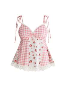 Sweetness Plus Size Cute Pastoral Patchwork Strawberry Plaid Camisole For Holiday - Pink - View 5