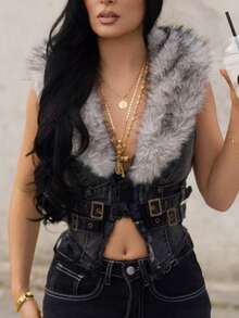 AfricaSnchz Y2K 女款可拆卸仿毛领牛仔夹克 - 淺灰色 - 查看 4