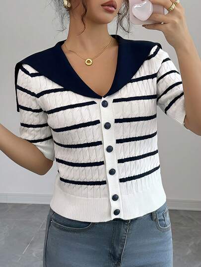 CasuGlow Striped Textured Knit Sailor Collar Cardigan – Nautical Preppy Chic, Clean Girl Aesthetic, Vintage-Inspired, Button-Front, Soft Structured Knit, Everyday Layering Essential, Back To School Ready