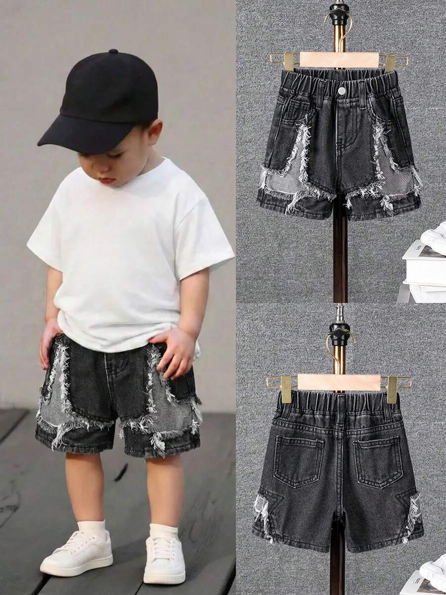 SHEIN 男童牛仔短裤,夏季新品,休闲可爱星星拼接毛边裤脚,松紧腰带,复古做旧水洗,时尚宽松直筒裤型,舒适棉质牛仔面料,适合夏季度假、日常出行和户外活动 - 灰色 - 查看 1