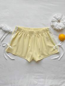 Comfortcana Quần short ống rộng dệt kim màu xanh lam bạc màu kiểu cổ điển dành cho nữ - Màu vàng - Xem 5