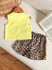 SHEIN Baby Girl Summer Apricot Leopard Print Set, Textured Sleeveless Top And Leopard Print Shorts With Apricot Bow Accent, Essential Daily Outfit - Multicolor - View 2