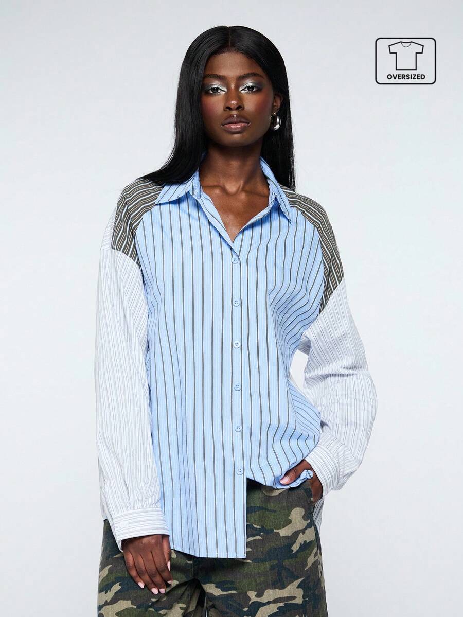 COUREZ Long Sleeve Oversized Spliced Shirt/Y2K Summer Outfits For Women Spring Clothes Vacation Tops Shirts Cute - Multicolor - View 1