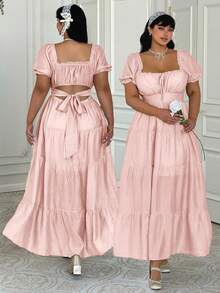 Lyrianda Plus Size French Ruffle Bow Tie Waist Spring/Summer Regular Dress Tea Party Dusty Pink Cottagecore Cute Comfy - Pink - View 1